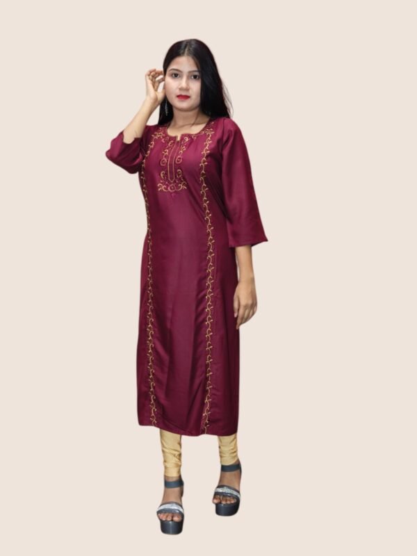 Women Long Cotton Kurti with Embroidered Neck