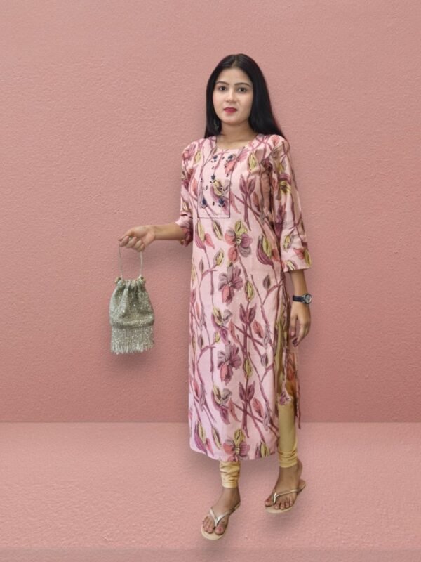 Elegant Women Leaf Printed Cotton Long Kurti