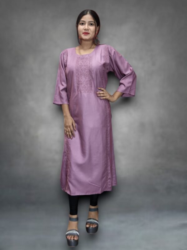 Elegant Women Long Cotton Kurti with Embroidery Neck