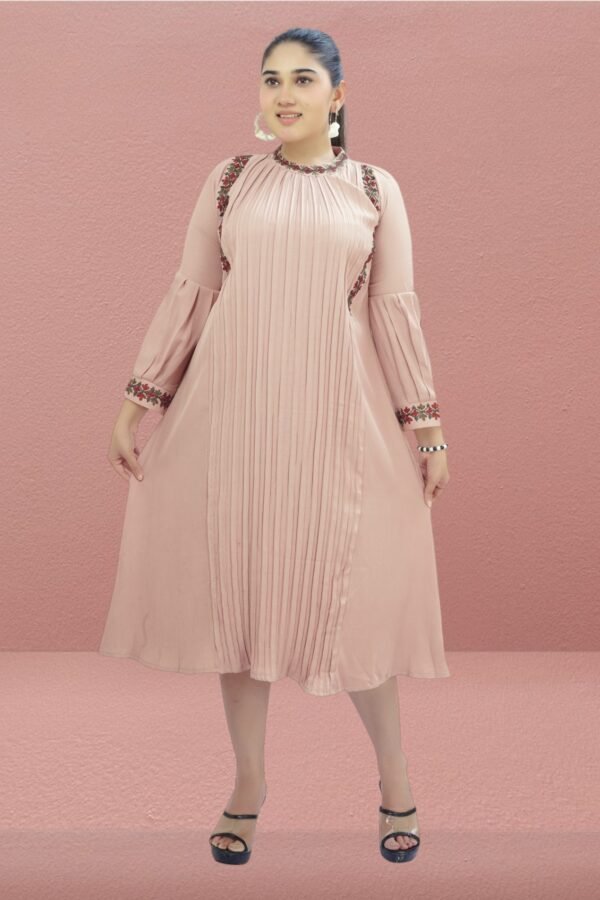 Elegant Pleated A-Line Gown with Embroidered Neck